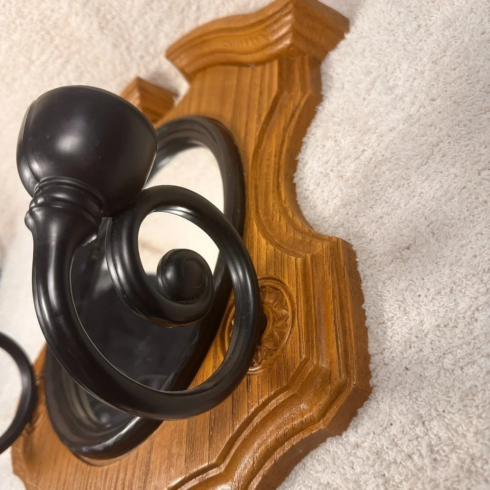 Vintage Faux Wood Shield Wall Mirror Sconce Dual Candle Holder Black Scroll Arms